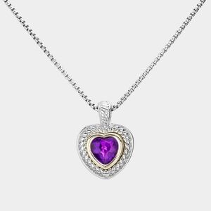 Silver & Amethyst Purple Stone Heart Pendant Necklace Jewelry Chain